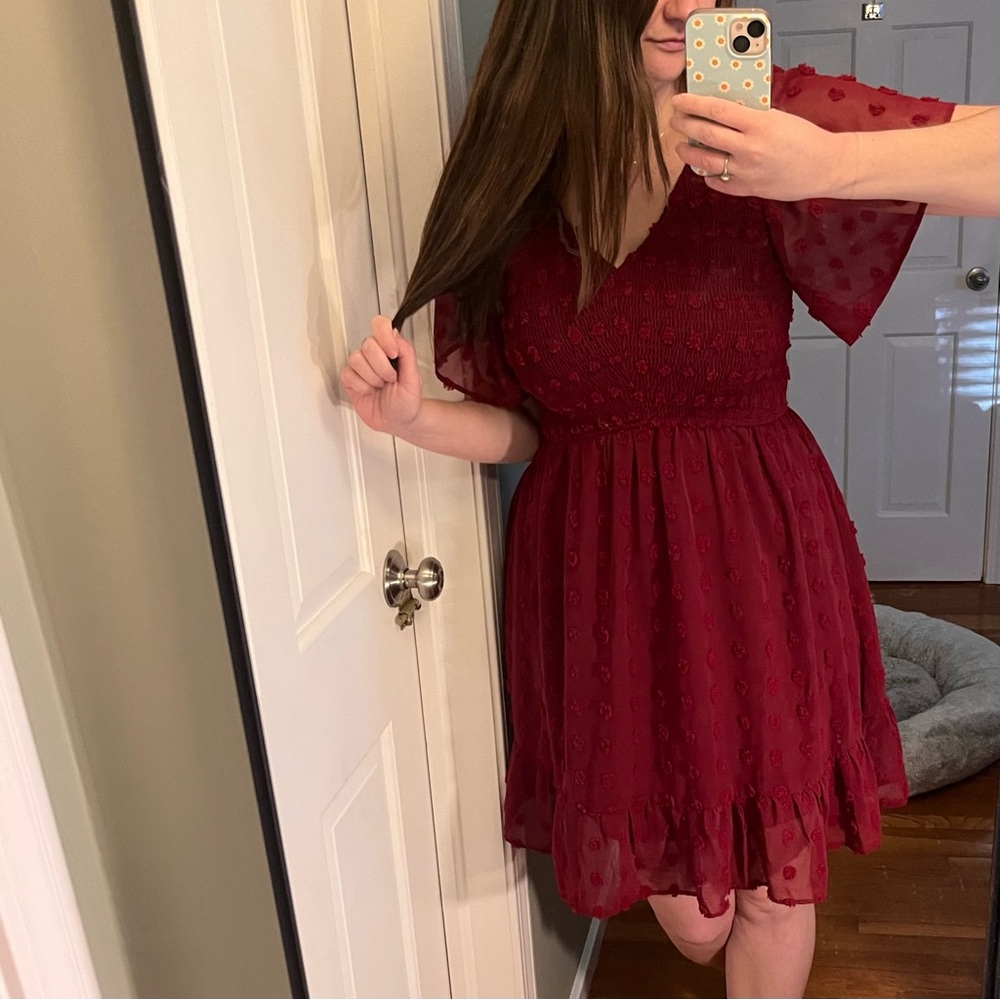Red Swiss Dot Burgundy Sundress w/ Flutter Sleeves and V-Neck for Wedding Guest - Picture 3 of 8